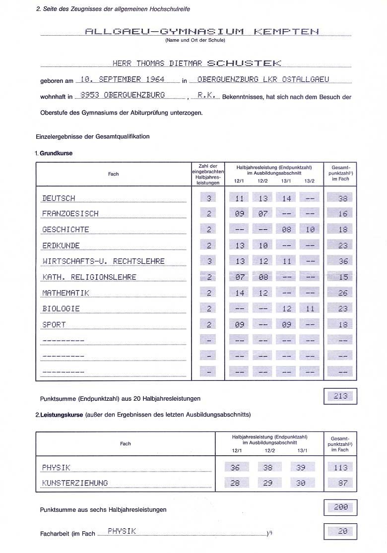 Zeugnis der Allgemeinen Hochschulreife des Allg�u-Gymnasiums Kempten (Seite 2)