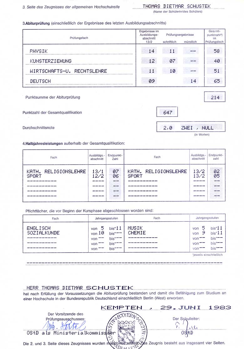 Zeugnis der Allgemeinen Hochschulreife des Allg�u-Gymnasiums Kempten (Seite 3)