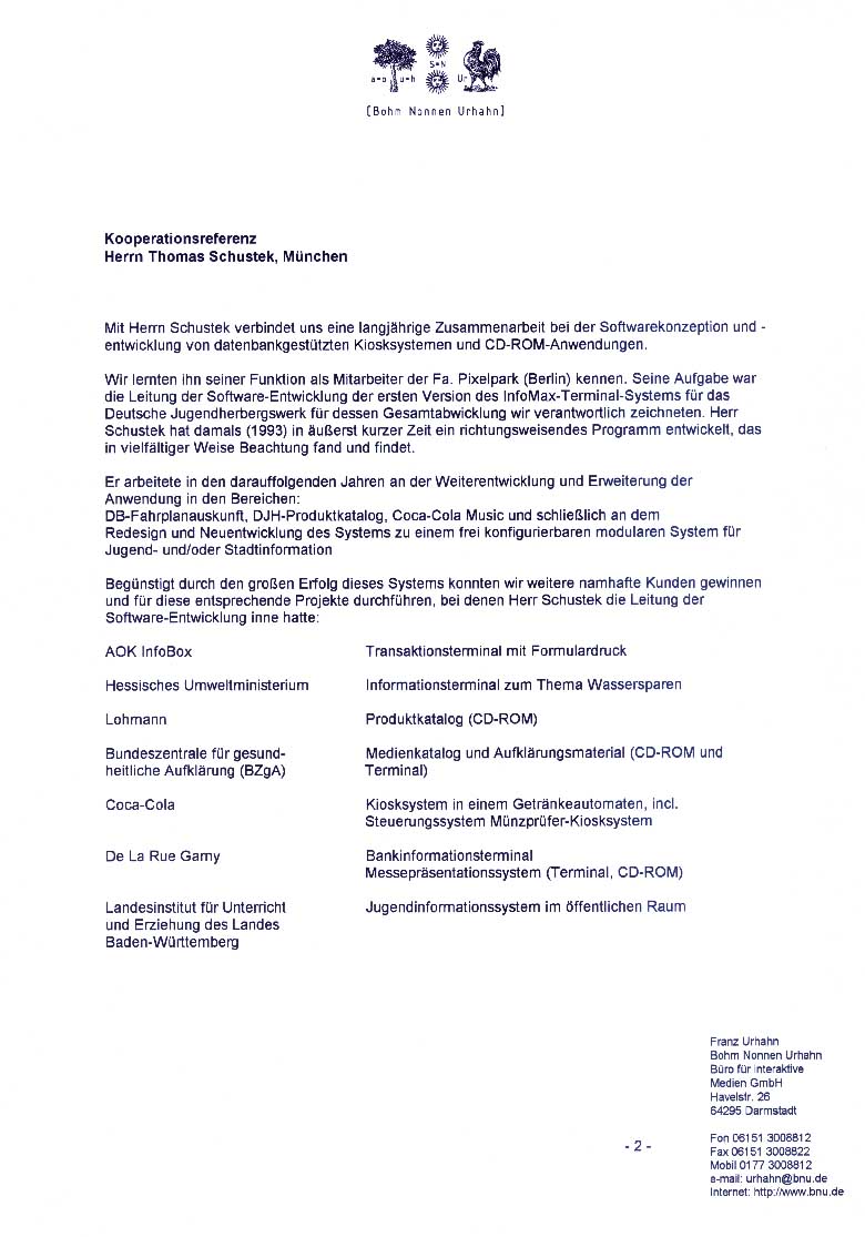 Referenzschreiben der Bohm Nonnen Urhahn GmbH, Darmstadt (Seite 1)