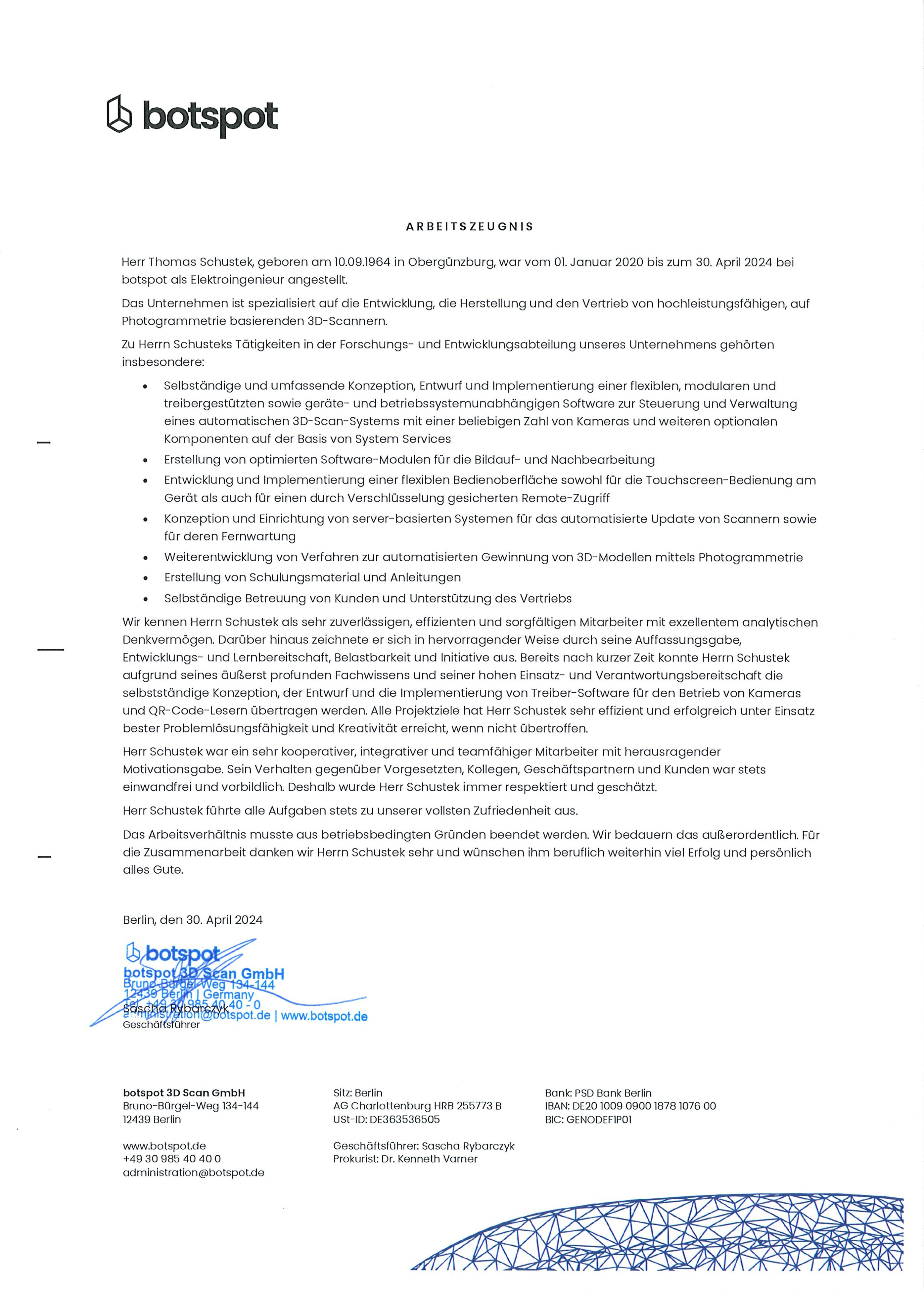 Arbeitszeugnis der botspot GmbH, Berlin
