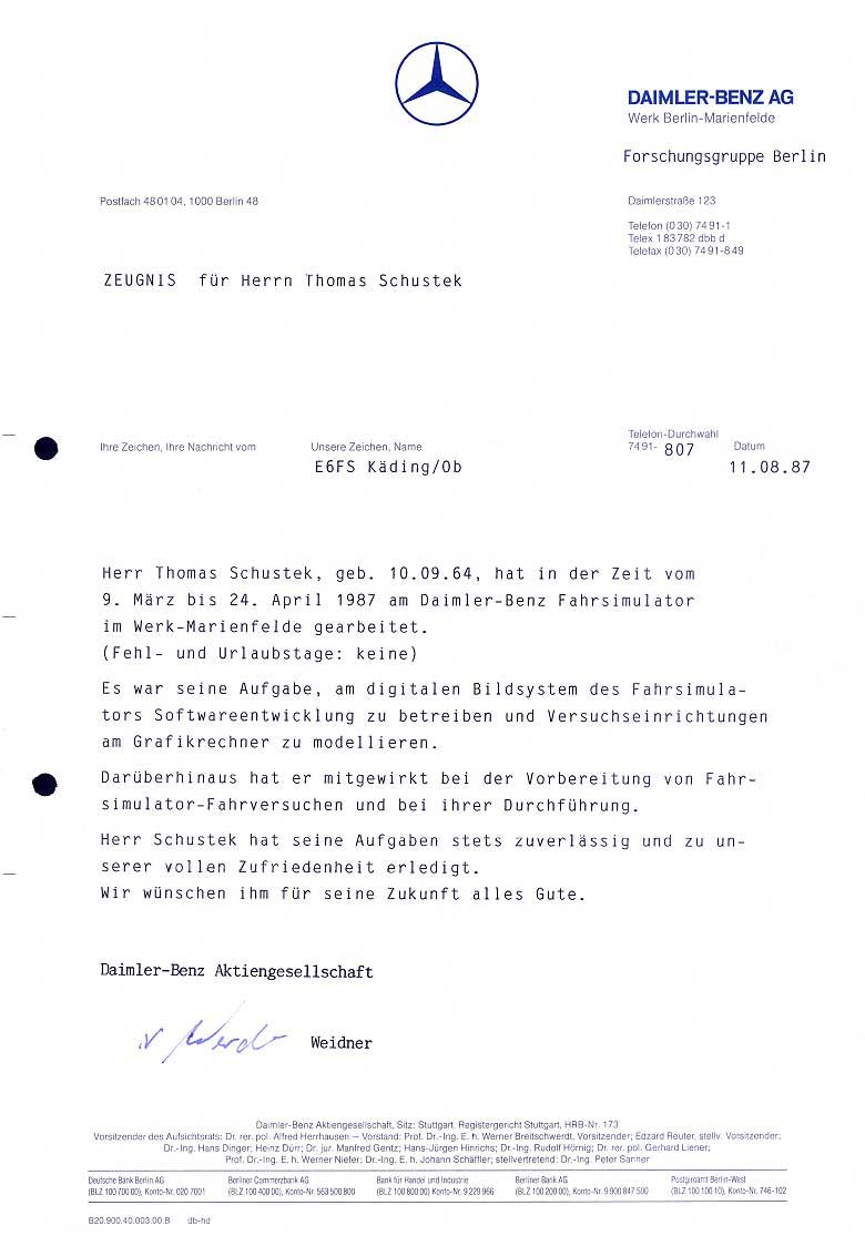 Praktikumszeugnis der Daimler-Benz AG, Forschungsgruppe Berlin
