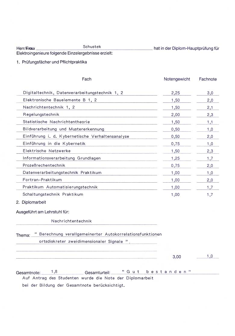 Zeugnis �ber die Diplom-Hauptpr�fung f�r Elektroingenieure der TU M�nchen (Seite 2)