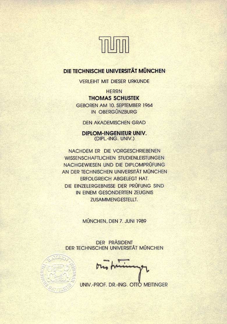 Diplom-Urkunde der Technischen Universit�t M�nchen