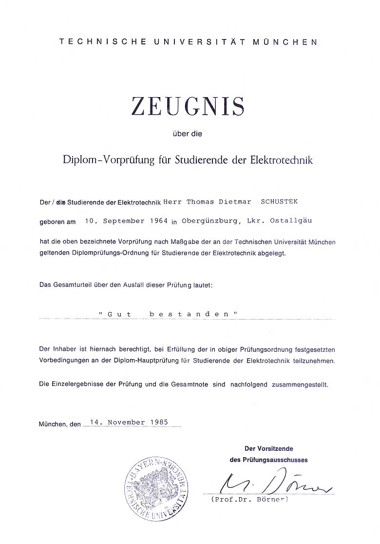 Zeugnis �ber die Diplom-Vorpr�fung f�r Studierende der Elekrotechnik der TU M�nchen (Seite 1)