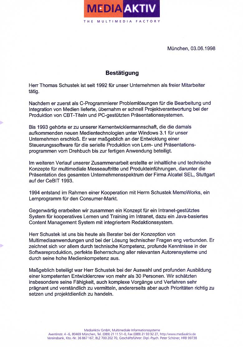 Referenzschreiben der MediaAktiv GmbH, M�nchen (Seite 1)