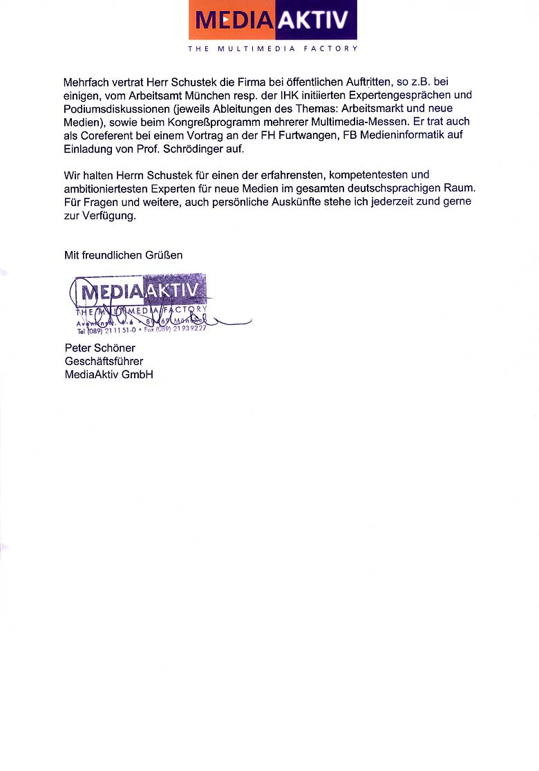 Referenzschreiben der MediaAktiv GmbH, M�nchen (Seite 2)