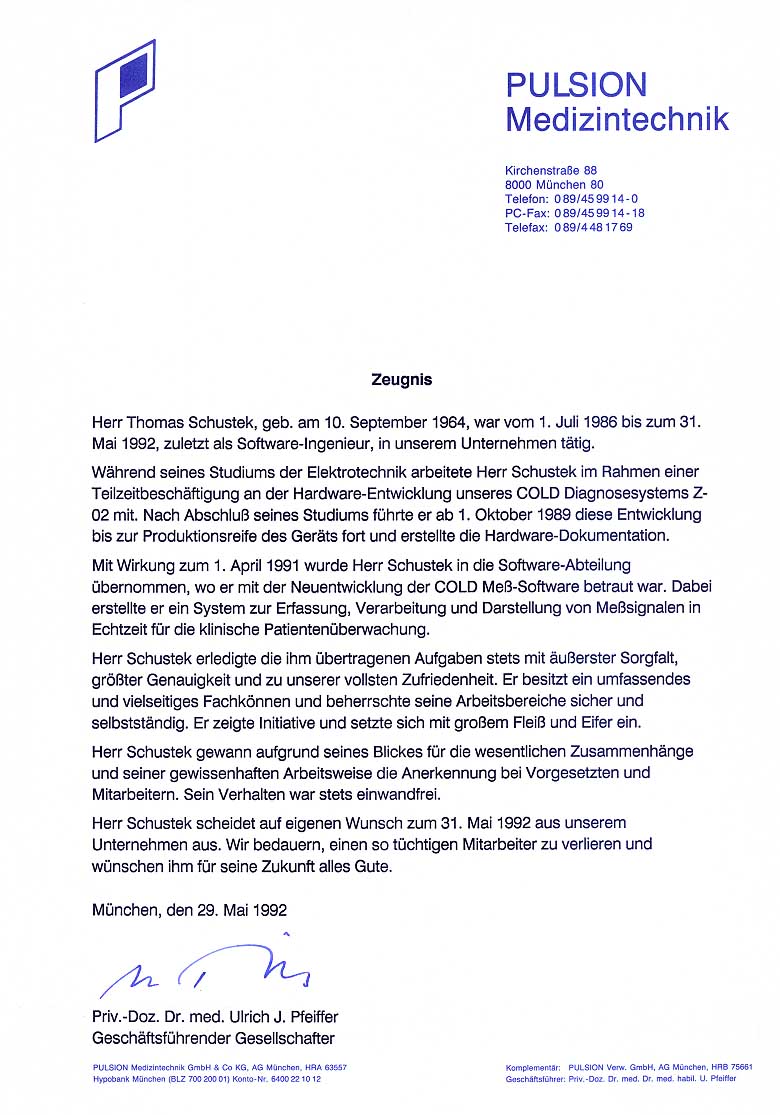 Arbeitszeugnis der Pulsion Medizintechnik, M�nchen